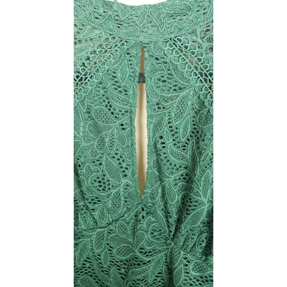 Daytrip Blouse M Teal Green Smocked Lace Mock Neck Keyhole Dainty Feminine Fall - Picture 3 of 9